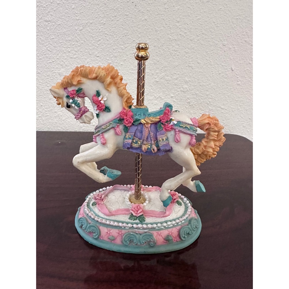 Vintage Victorian Style Carousel Horse Figurine Pastel Floral Decorative Statue